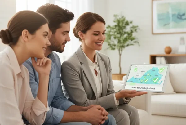 Realtor showing a couple a map of safe Northern Virginia neighborhoods on a tablet.