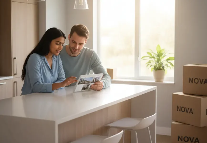 Couple reviewing home listings on a tablet to avoid common home buying mistakes.