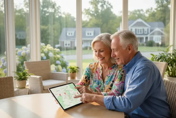 Senior couple happily planning their retirement in Northern Virginia with a tablet.