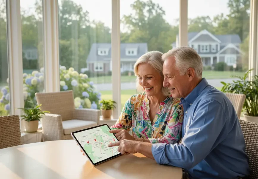 Senior couple happily planning their retirement in Northern Virginia with a tablet.