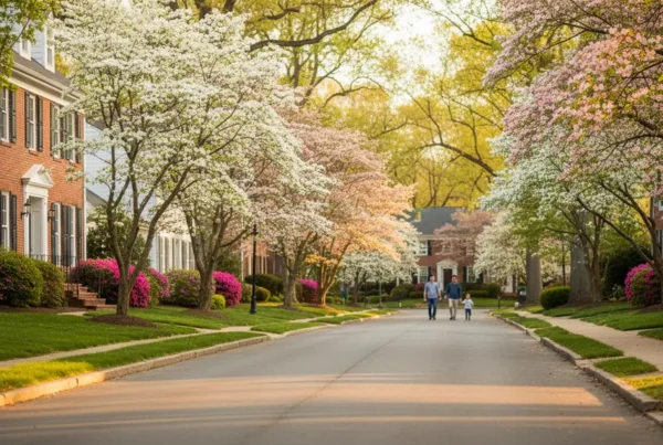 A tree-lined suburban street in Northern Virginia with beautiful colonial homes and blooming trees.