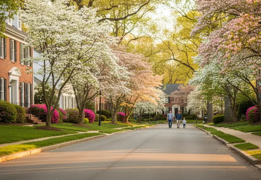A tree-lined suburban street in Northern Virginia with beautiful colonial homes and blooming trees.