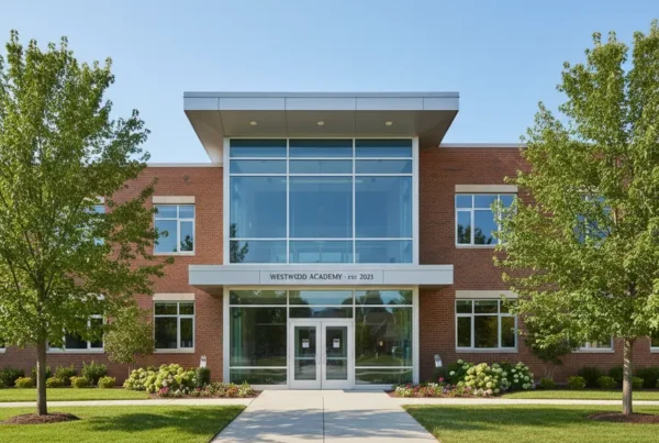 Exterior of a modern brick school building in Northern Virginia on a sunny day.
