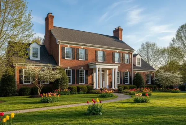 Colonial-style brick home in Northern Virginia during a sunny spring day.