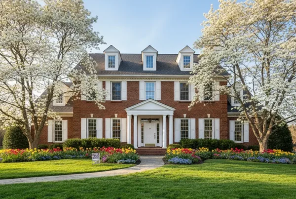 A beautiful Northern Virginia home for sale in the spring with blooming trees.
