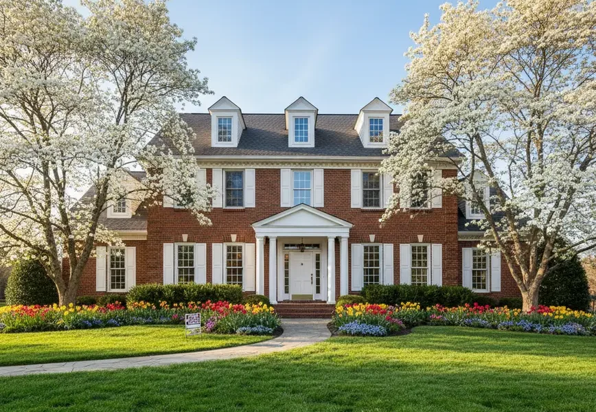 A beautiful Northern Virginia home for sale in the spring with blooming trees.