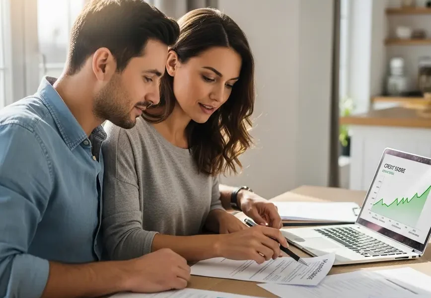 Couple reviewing mortgage documents and a positive credit score graph on a laptop.