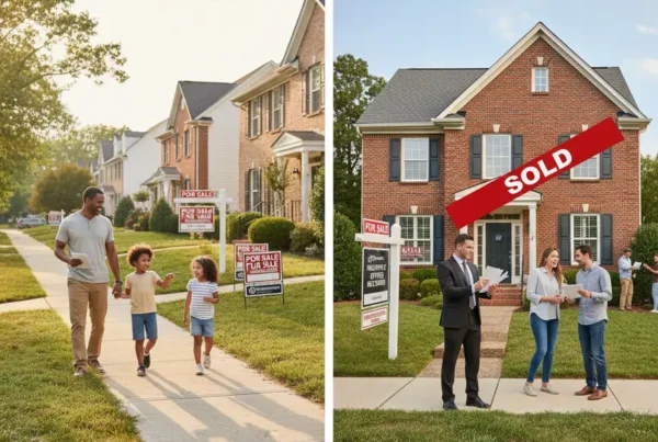 A split image comparing a buyer's market with many homes for sale versus a seller's market.