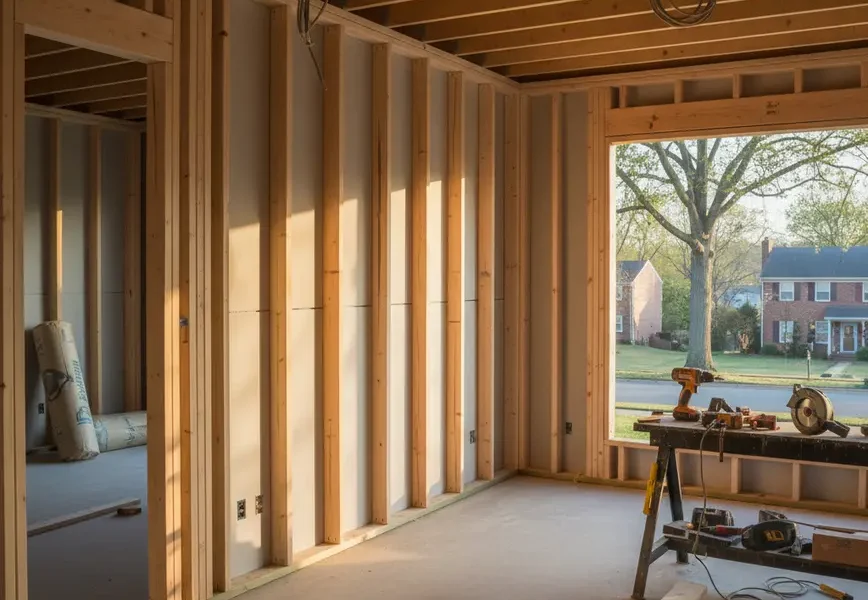 Sunlit room in a Northern Virginia home during the renovation process with tools nearby.