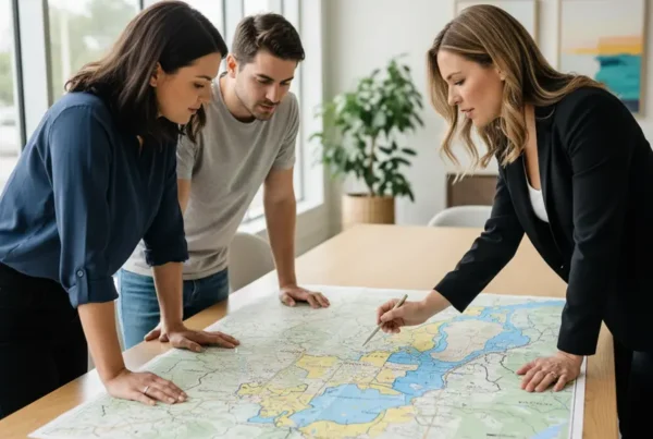 Real estate agent showing a couple a flood zone map for Northern Virginia.