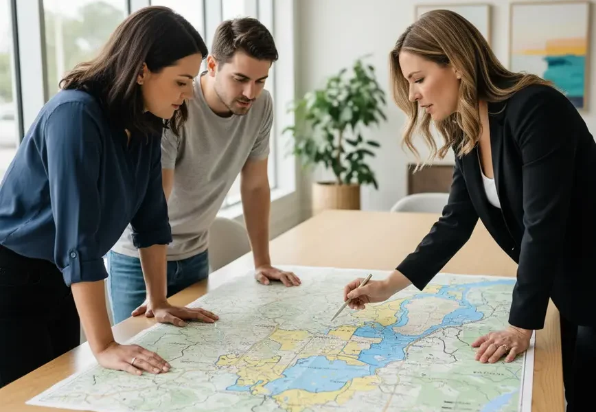 Real estate agent showing a couple a flood zone map for Northern Virginia.