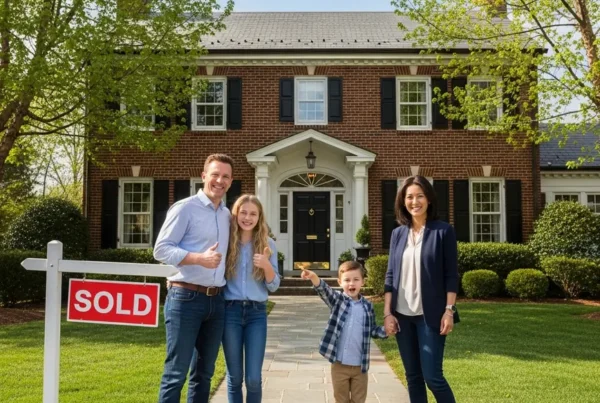 Family smiling in front of their new brick home in Northern Virginia with a sold sign.