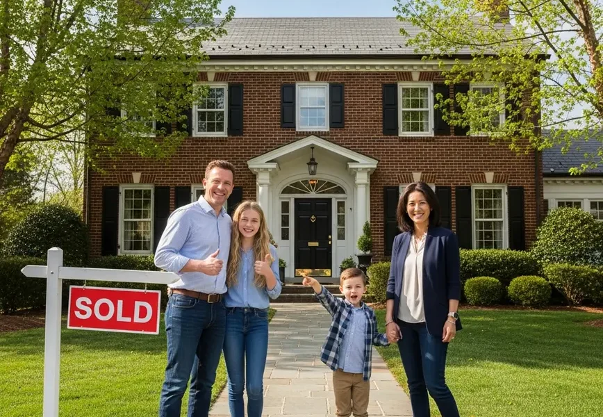 Family smiling in front of their new brick home in Northern Virginia with a sold sign.