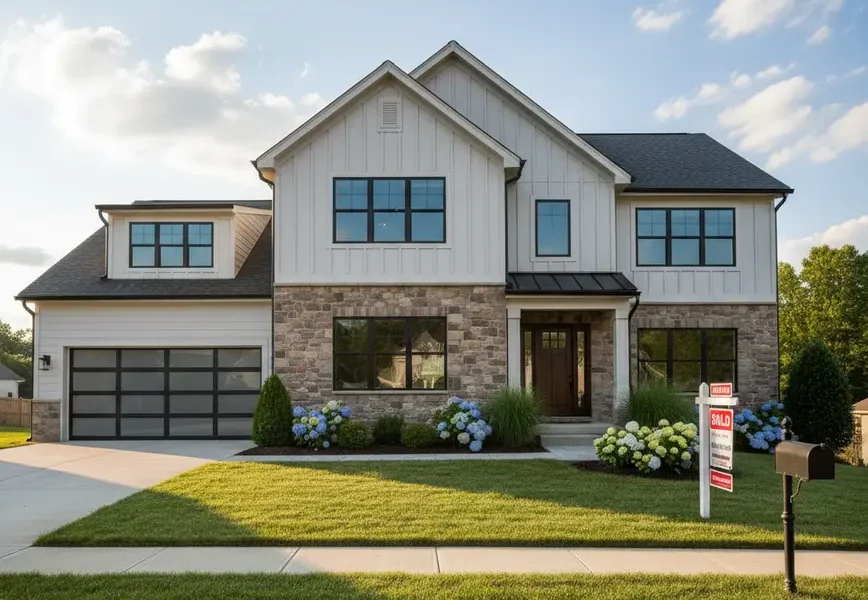 Modern suburban home in Northern Virginia with a 'Sold' sign in the front yard.
