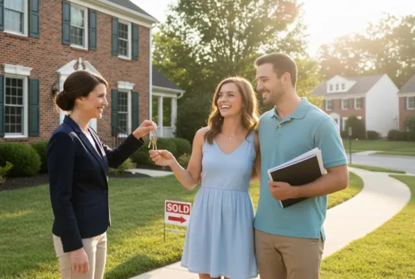 A realtor handing keys to a happy couple in front of their new Northern Virginia home.