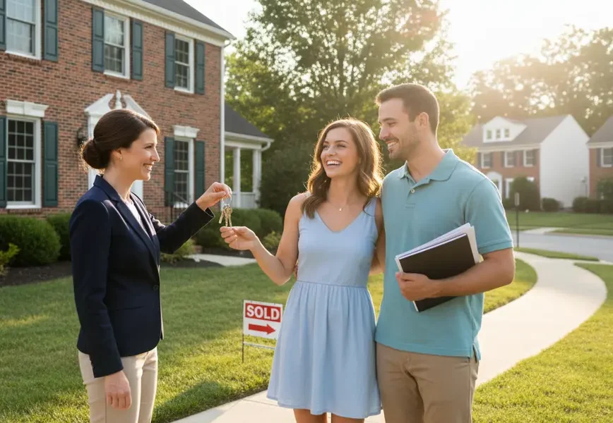 A realtor handing keys to a happy couple in front of their new Northern Virginia home.
