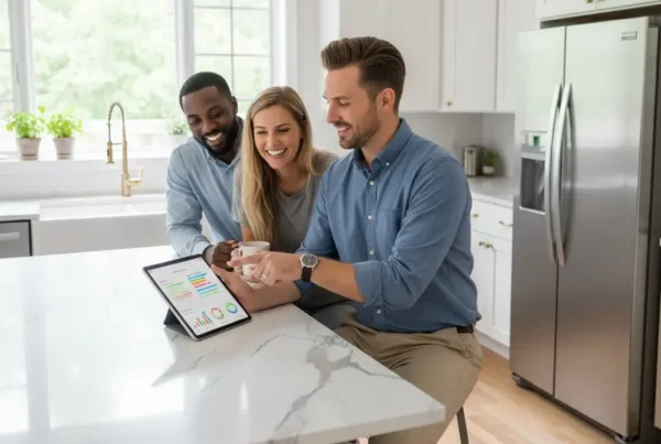 A real estate agent explains home equity calculations to a couple in their kitchen.
