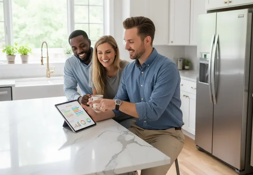 A real estate agent explains home equity calculations to a couple in their kitchen.