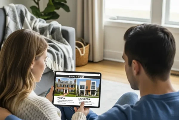 A couple sitting on a couch comparing two different Northern Virginia homes on a tablet.