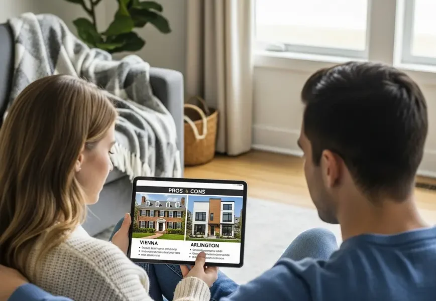 A couple sitting on a couch comparing two different Northern Virginia homes on a tablet.