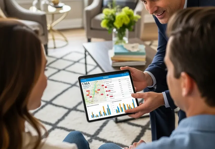 A real estate agent explains a Comparative Market Analysis to clients in their home.