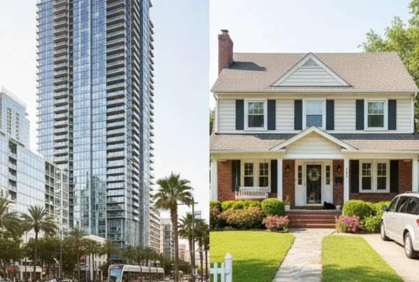 A side-by-side comparison of a modern condo building and a suburban single-family home.