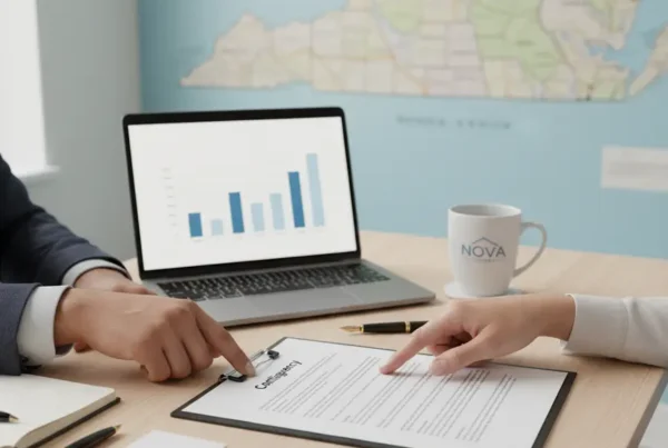 Real estate agent and client reviewing a contingent offer clause on a contract.