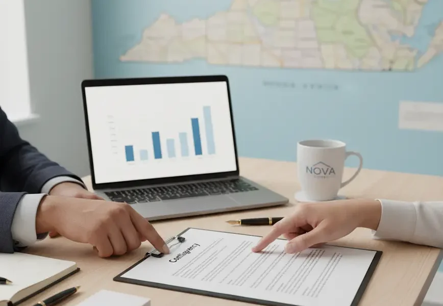 Real estate agent and client reviewing a contingent offer clause on a contract.