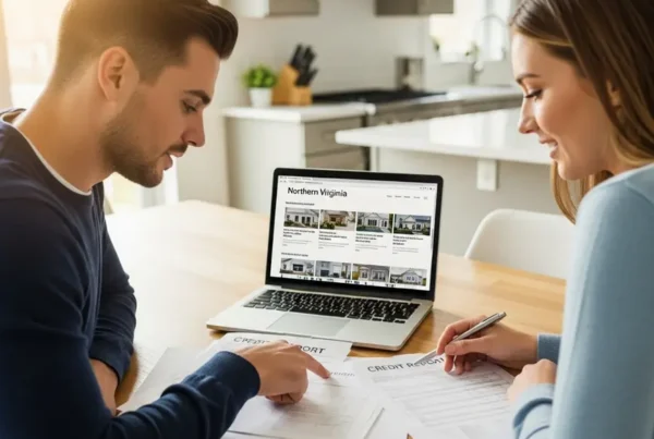 Couple reviewing credit score report for buying a house in Northern Virginia.