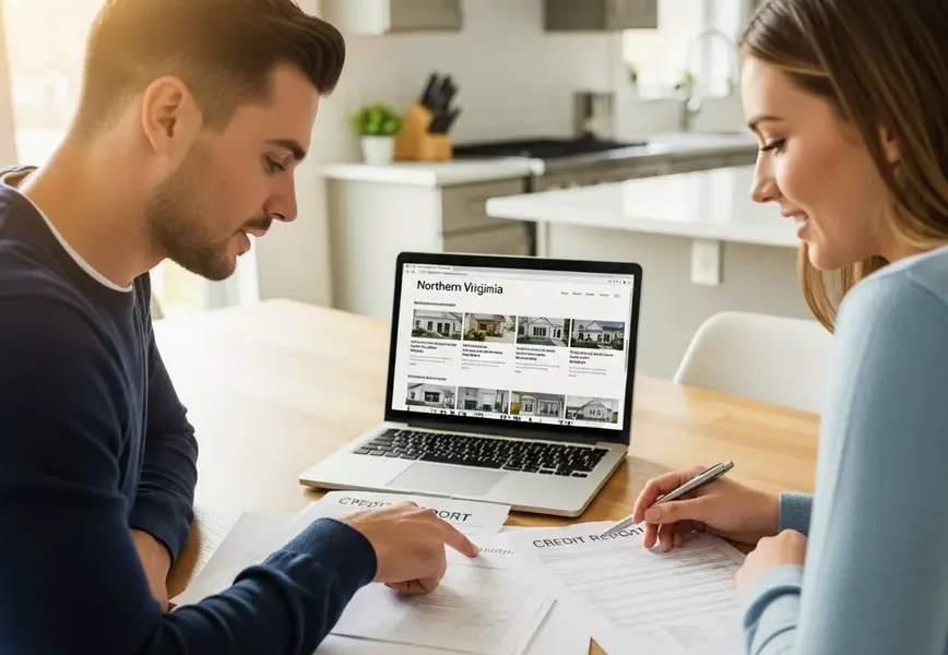 Couple reviewing credit score report for buying a house in Northern Virginia.