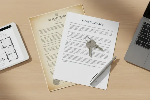Overhead view of real estate documents like a deed needed to sell a home.