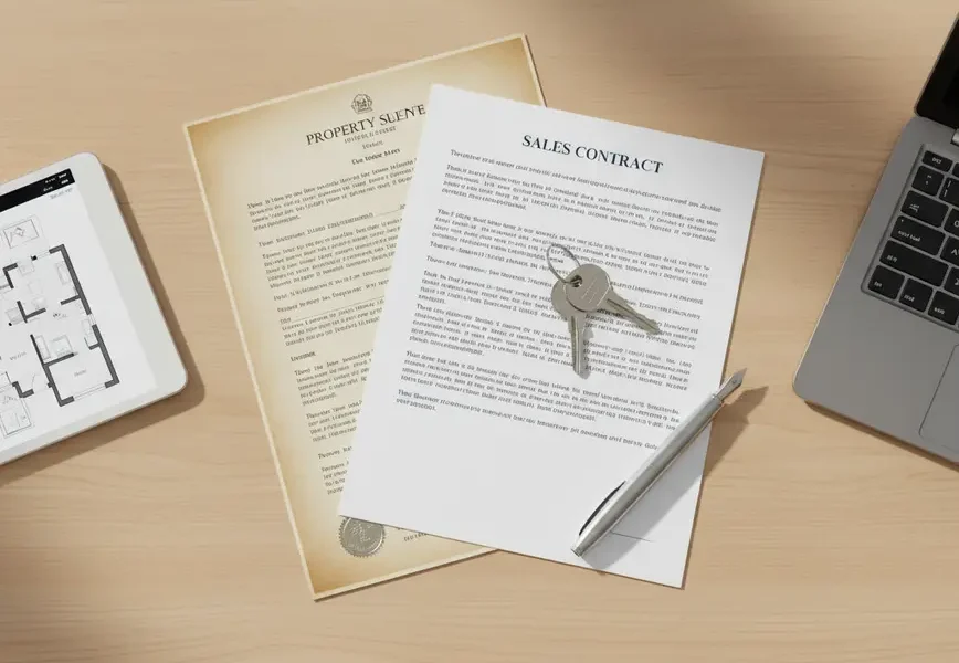 Overhead view of real estate documents like a deed needed to sell a home.