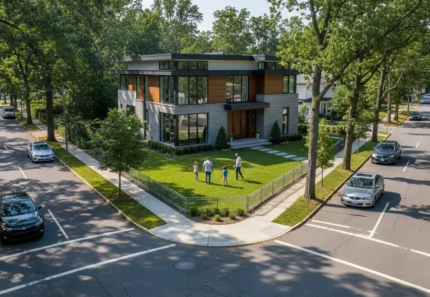 Suburban Northern Virginia home on a corner lot with street traffic and less privacy.
