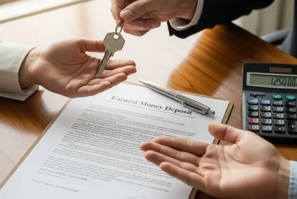 Hands exchanging a house key over a real estate contract showing the earnest money deposit.
