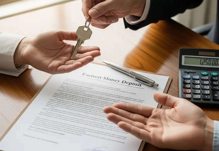 Hands exchanging a house key over a real estate contract showing the earnest money deposit.