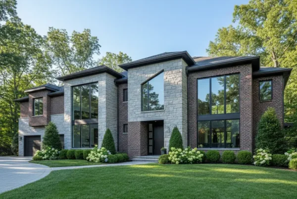 Front view of a large, luxury brick and stone home in an expensive Northern Virginia area.