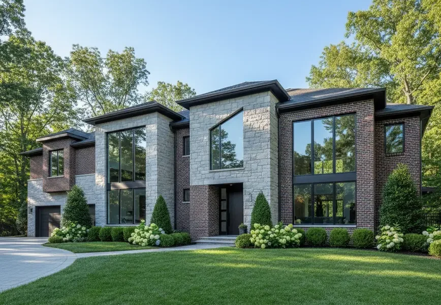 Front view of a large, luxury brick and stone home in an expensive Northern Virginia area.