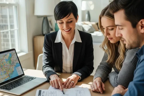 A real estate agent reviews a property tax document with a couple in Northern Virginia.