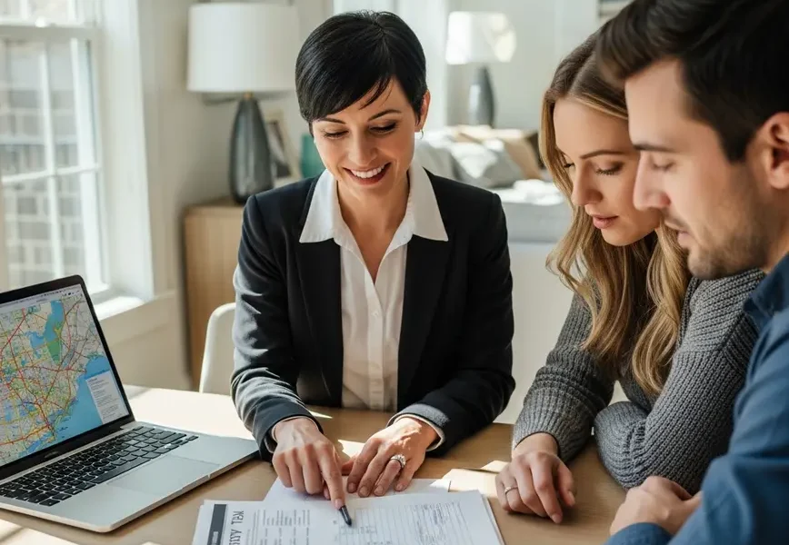 A real estate agent reviews a property tax document with a couple in Northern Virginia.
