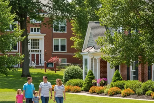 Family walking in a suburban neighborhood with a home and school in the background.