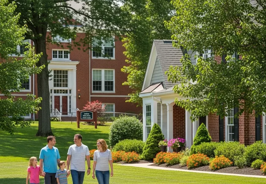Family walking in a suburban neighborhood with a home and school in the background.
