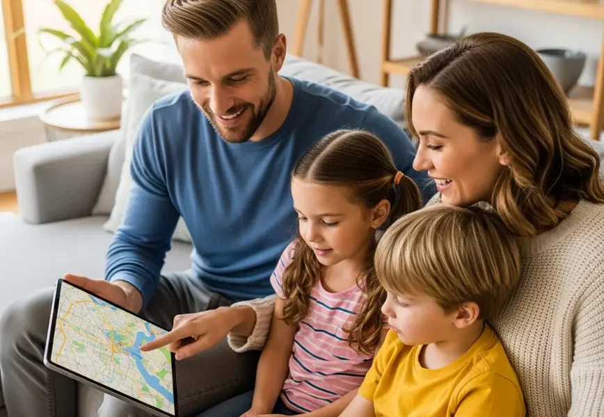 A family looking at a map of Northern Virginia neighborhoods on a tablet.