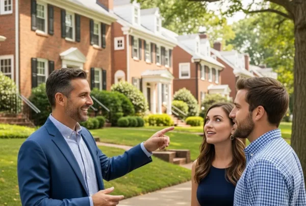 Real estate agent discussing an off-market home with a couple in a Northern Virginia neighborhood.