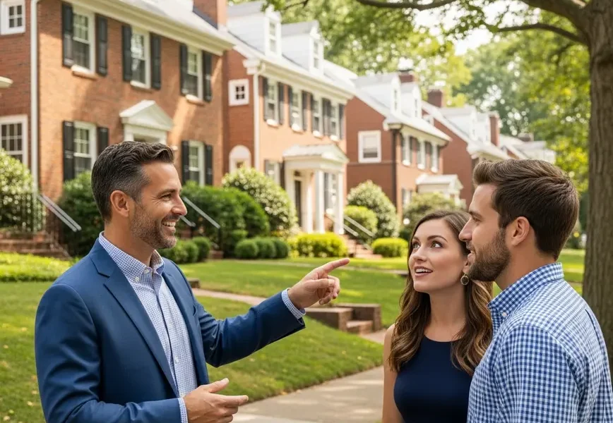 Real estate agent discussing an off-market home with a couple in a Northern Virginia neighborhood.