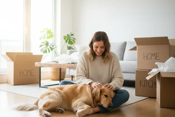 Person and their dog in a modern Northern Virginia apartment with moving boxes.
