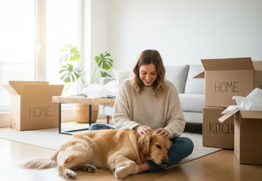 Person and their dog in a modern Northern Virginia apartment with moving boxes.