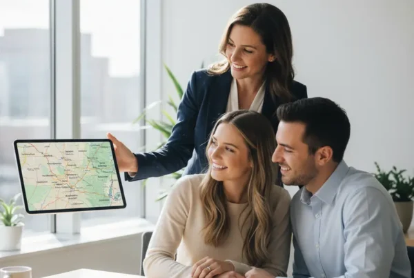 A realtor shows a couple a map of Northern Virginia on a tablet.