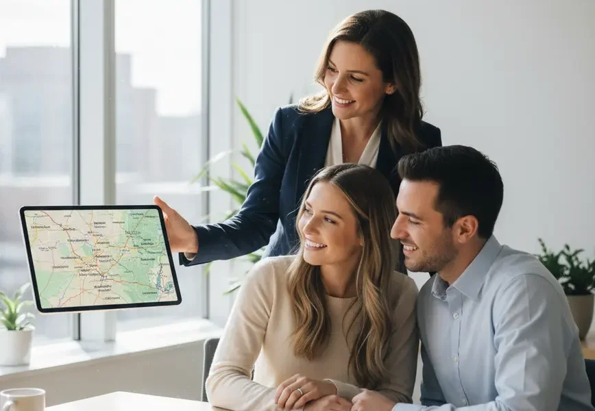 A realtor shows a couple a map of Northern Virginia on a tablet.
