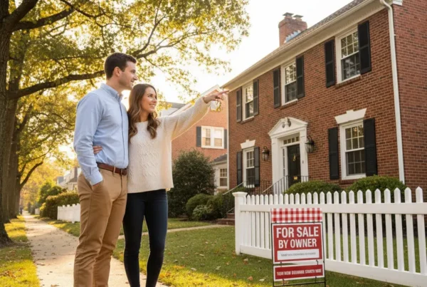 A young couple looking at a traditional brick home for sale in a Northern Virginia neighborhood.