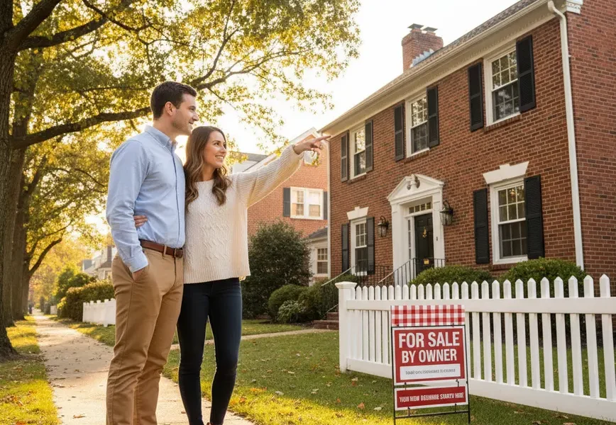 A young couple looking at a traditional brick home for sale in a Northern Virginia neighborhood.